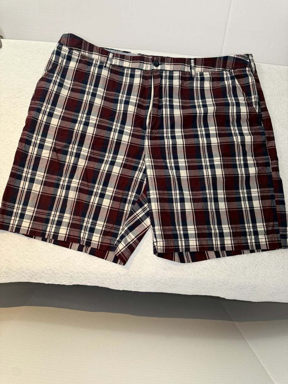 Set of 2 Croft & Barrow Men's Plaid Flat Front Cotton Shorts Burgundy Blue White
